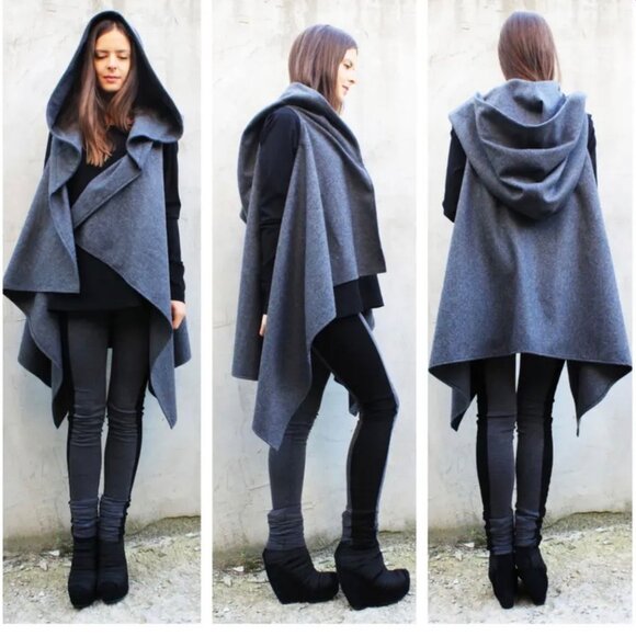Fraktura Asymmetrical Wool Sleeveless Hooded Cloak Vest Coat Gray Size Medium - Picture 1 of 9